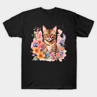 A bengal cat decorated with beautiful watercolor flowers T-Shirt